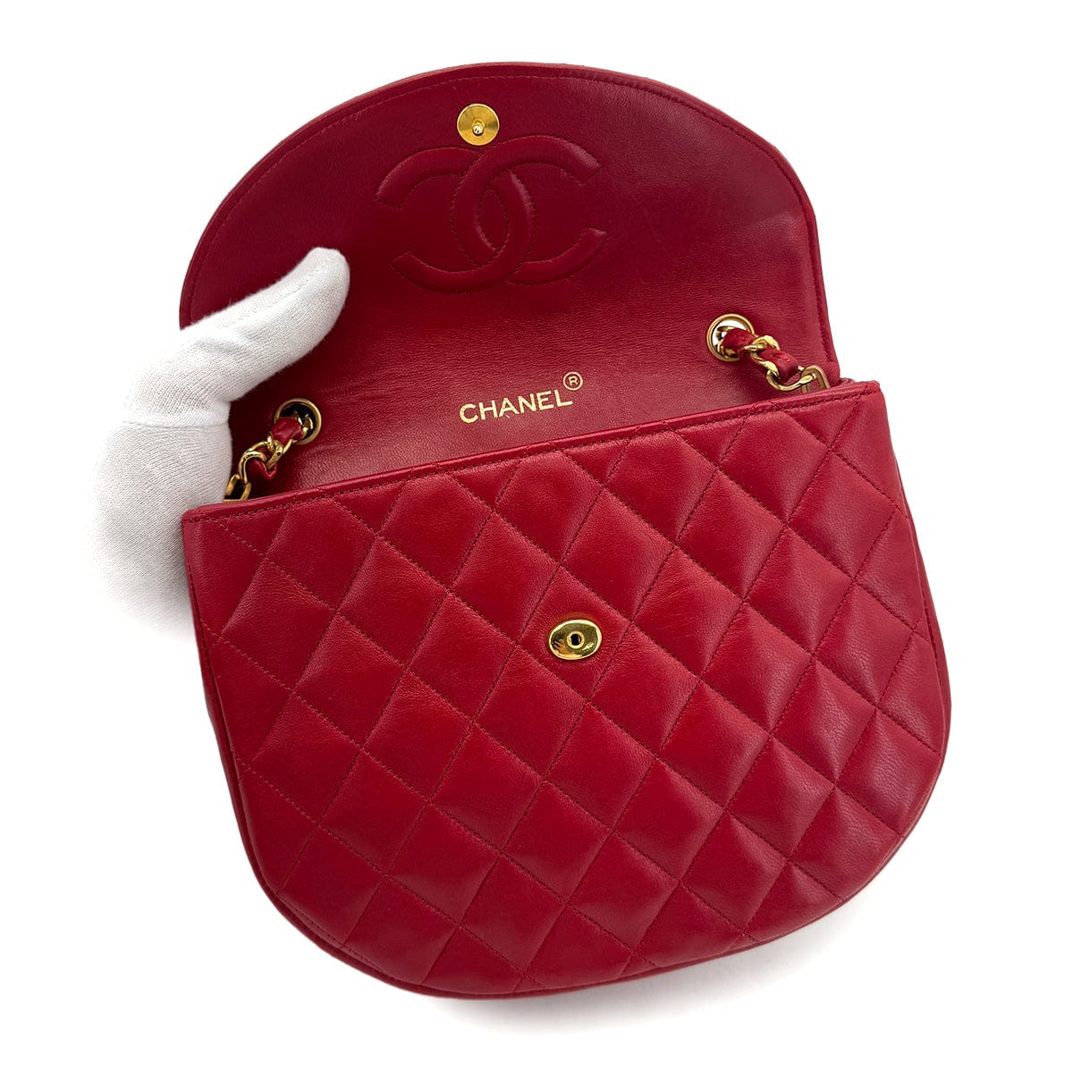 Luxury Promise Japan CHANEL VINTAGE BIG COCO HALF MOON CHAIN SHOULDER BAG RED LAMB SKIN 90300573