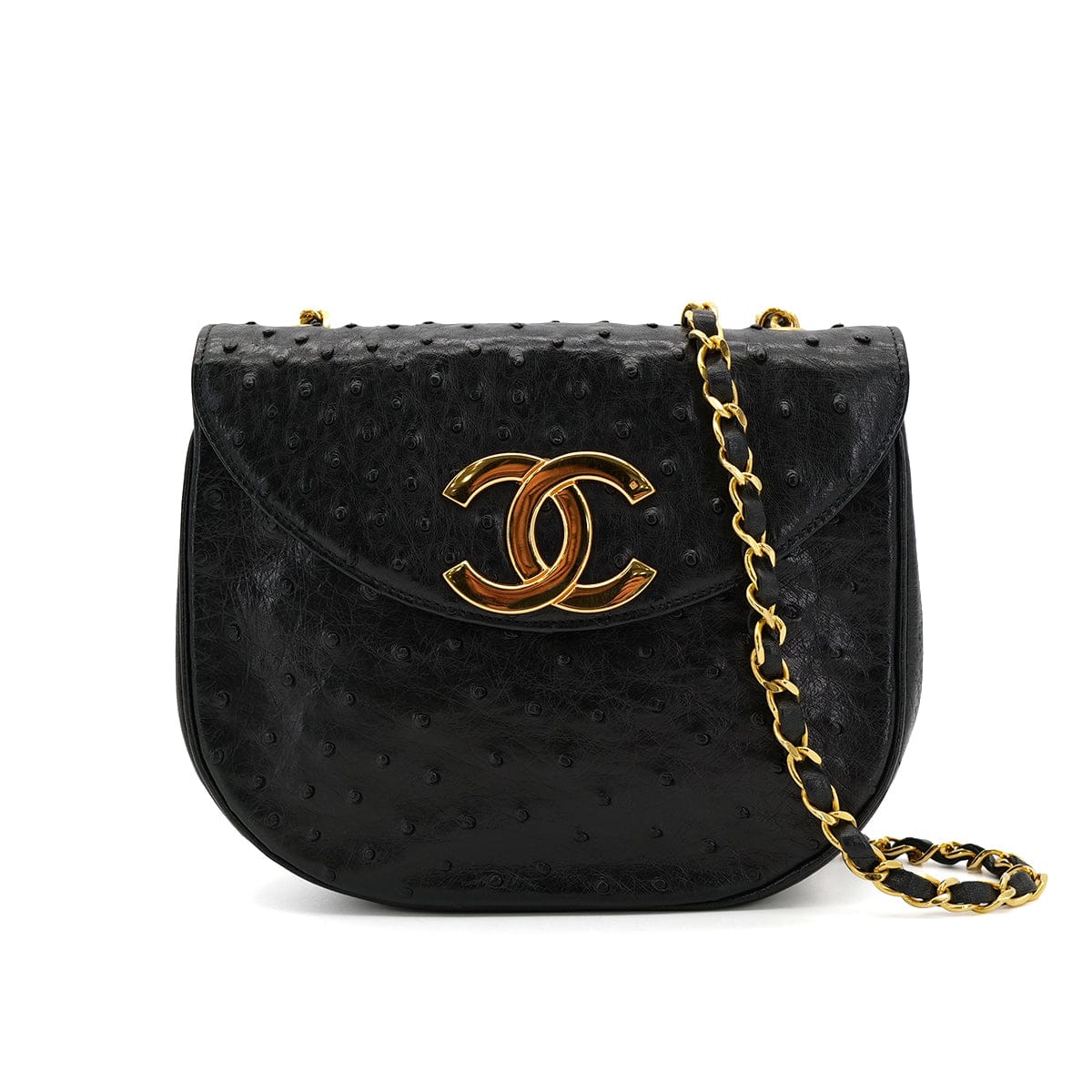 Luxury Promise Japan CHANEL VINTAGE BIG COCO ROUND CHAIN SHOULDER BAG BLACK OSTRICH 90306511