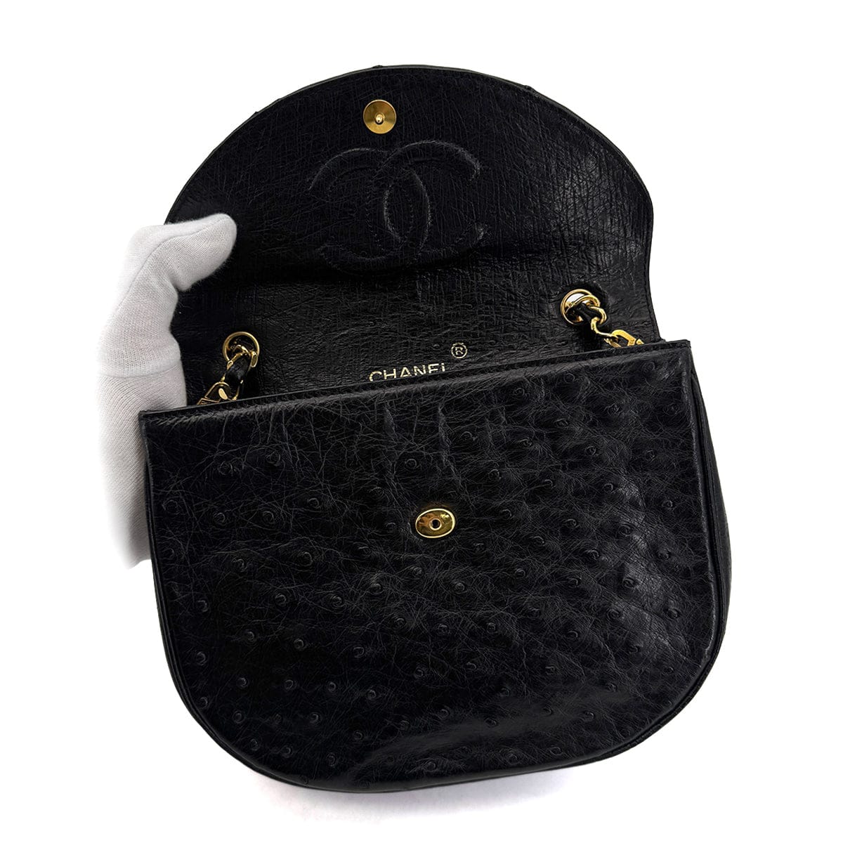 Luxury Promise Japan CHANEL VINTAGE BIG COCO ROUND CHAIN SHOULDER BAG BLACK OSTRICH 90306511
