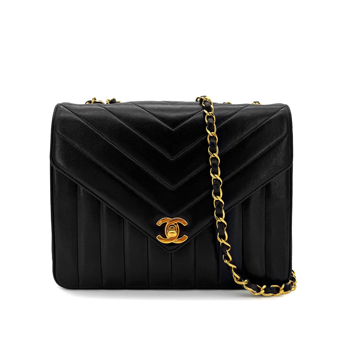 Luxury Promise Japan CHANEL VINTAGE CHEVRON CHAIN SHOULDER BAG BLACK LAMB SKIN 90292489
