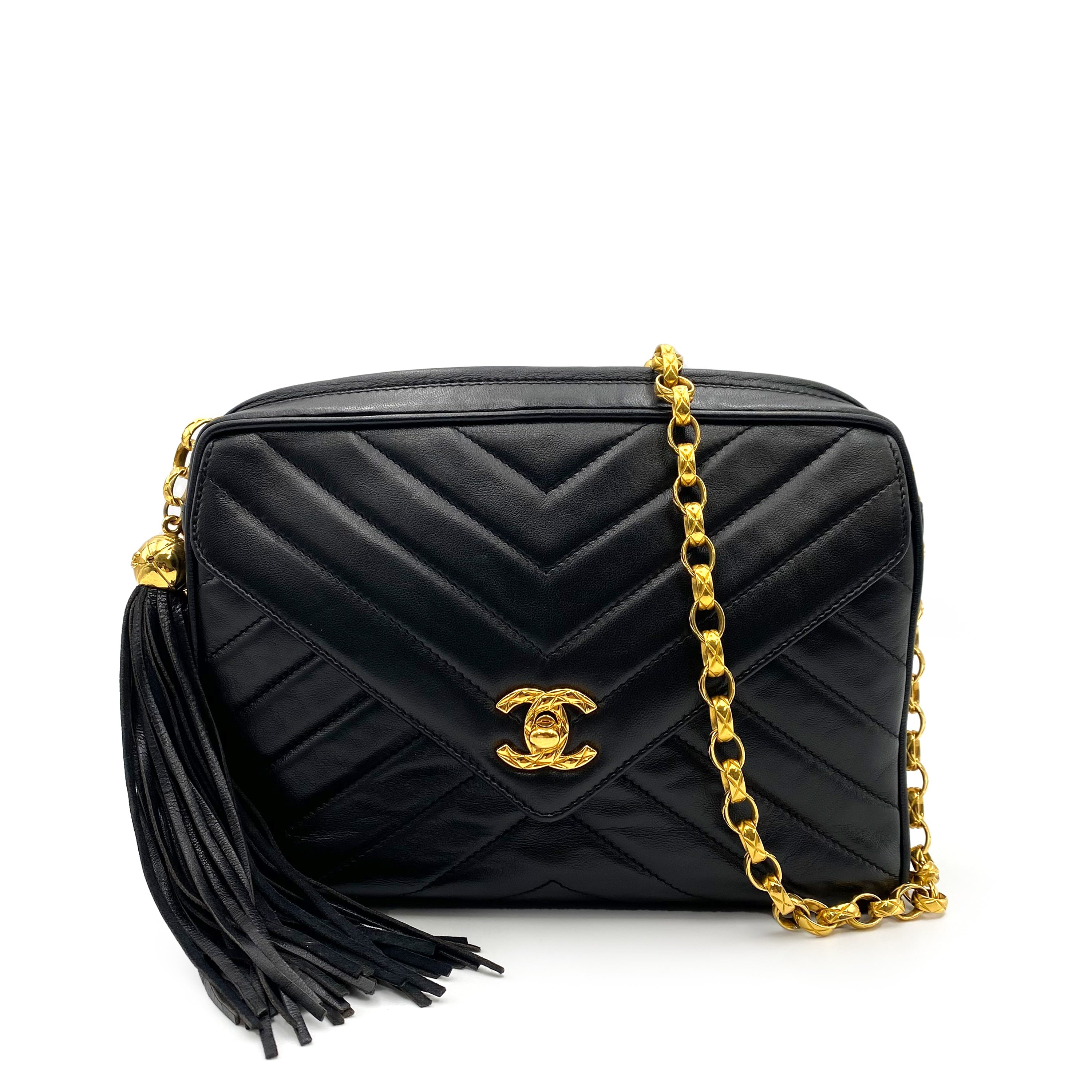 Luxury Promise Japan CHANEL VINTAGE CHEVRON FRINGE BIJOU CHAIN SHOULDER BAG BLACK LAMB SKIN 90234737