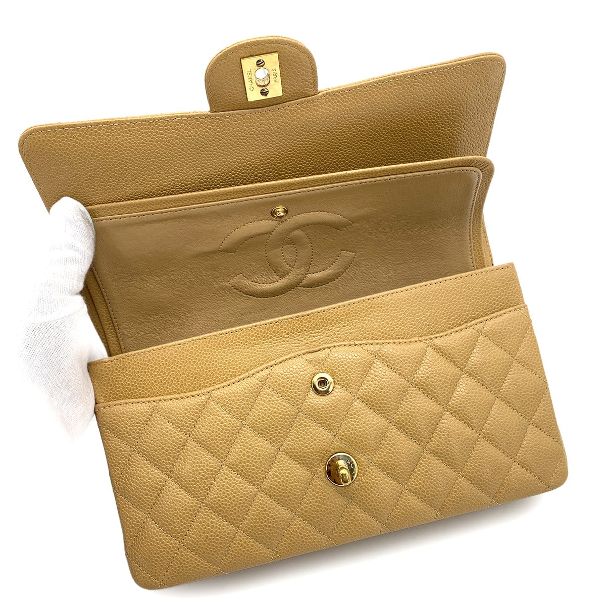 Luxury Promise Japan CHANEL VINTAGE CLASSIC FLAP MEDIUM CHAIN SHOULDER BAG BEIGE CAVIAR SKIN 90253882