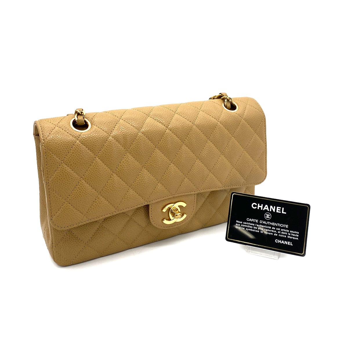 Luxury Promise Japan CHANEL VINTAGE CLASSIC FLAP MEDIUM CHAIN SHOULDER BAG BEIGE CAVIAR SKIN 90253882