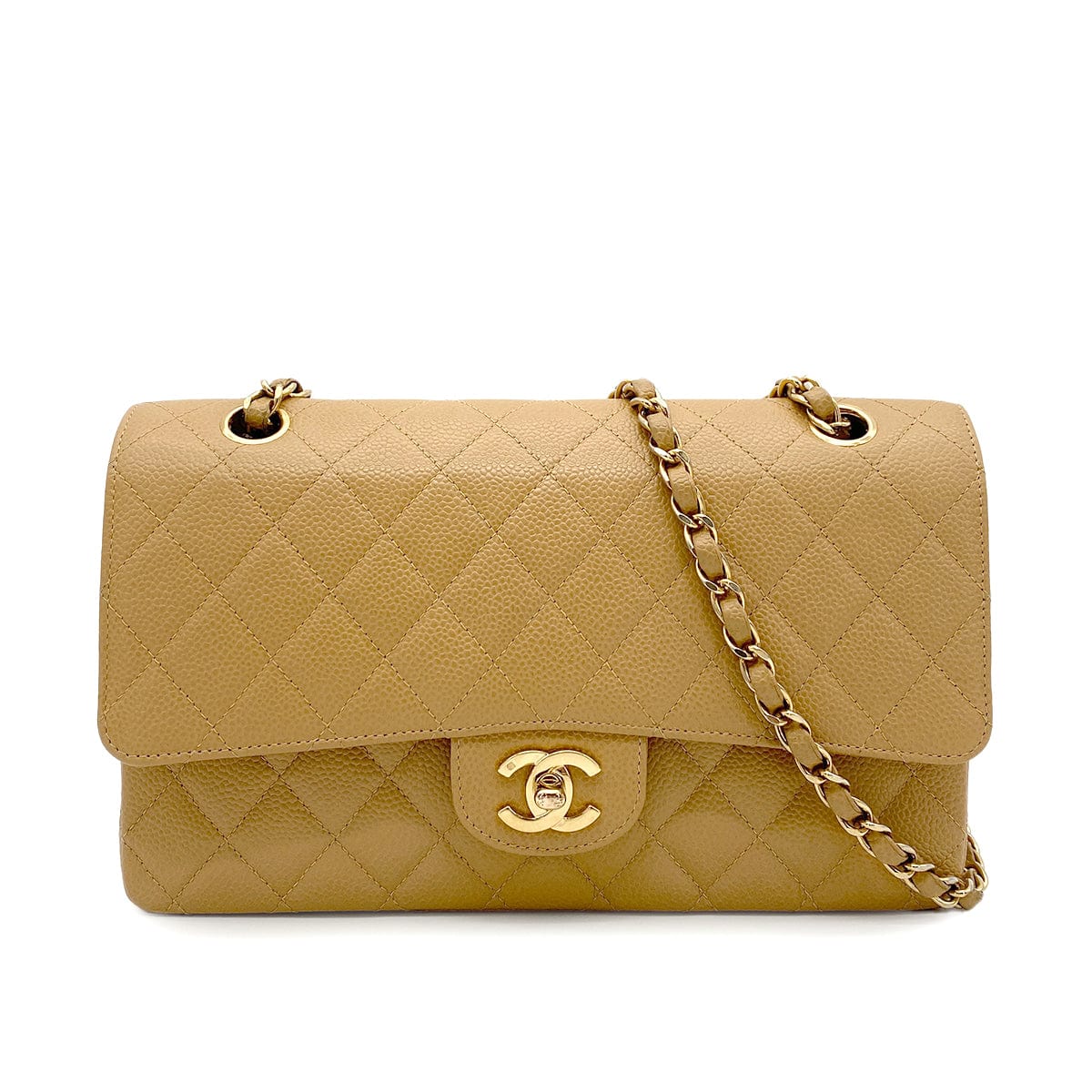 Luxury Promise Japan CHANEL VINTAGE CLASSIC FLAP MEDIUM CHAIN SHOULDER BAG BEIGE CAVIAR SKIN 90265918