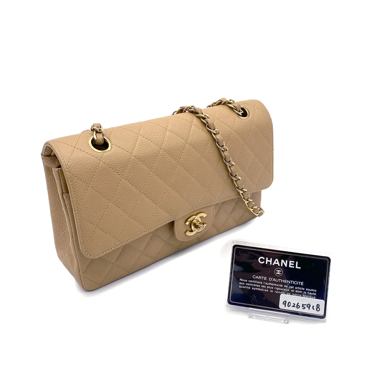 Luxury Promise Japan CHANEL VINTAGE CLASSIC FLAP MEDIUM CHAIN SHOULDER BAG BEIGE CAVIAR SKIN 90265918