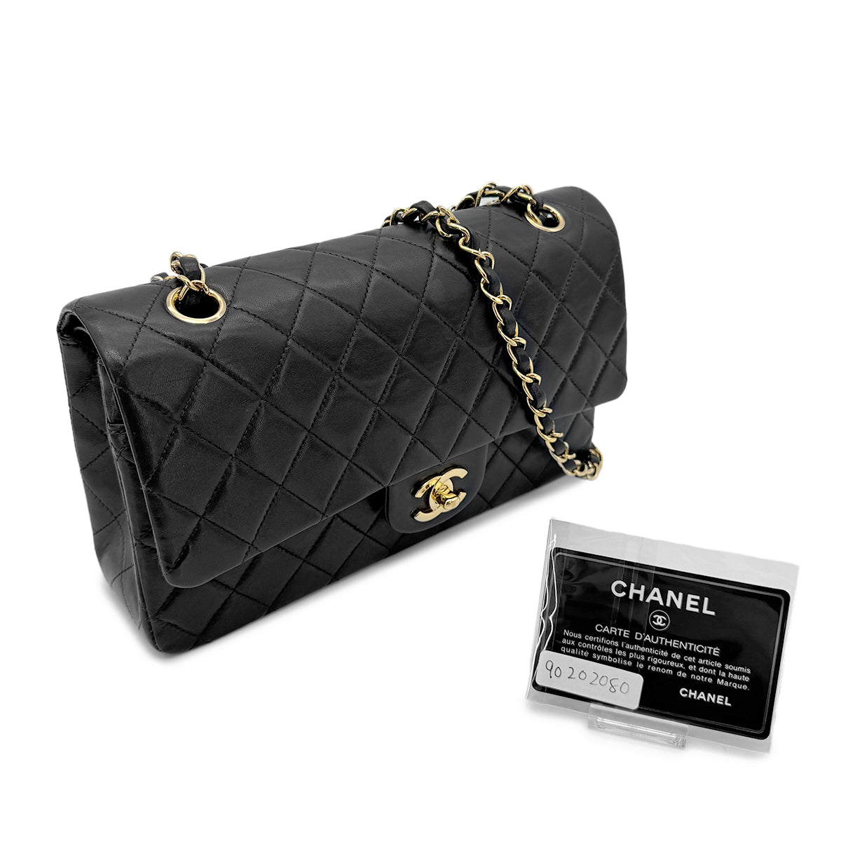 Luxury Promise Japan CHANEL VINTAGE CLASSIC FLAP MEDIUM CHAIN SHOULDER BAG BLACK LAMB SKIN 90202080