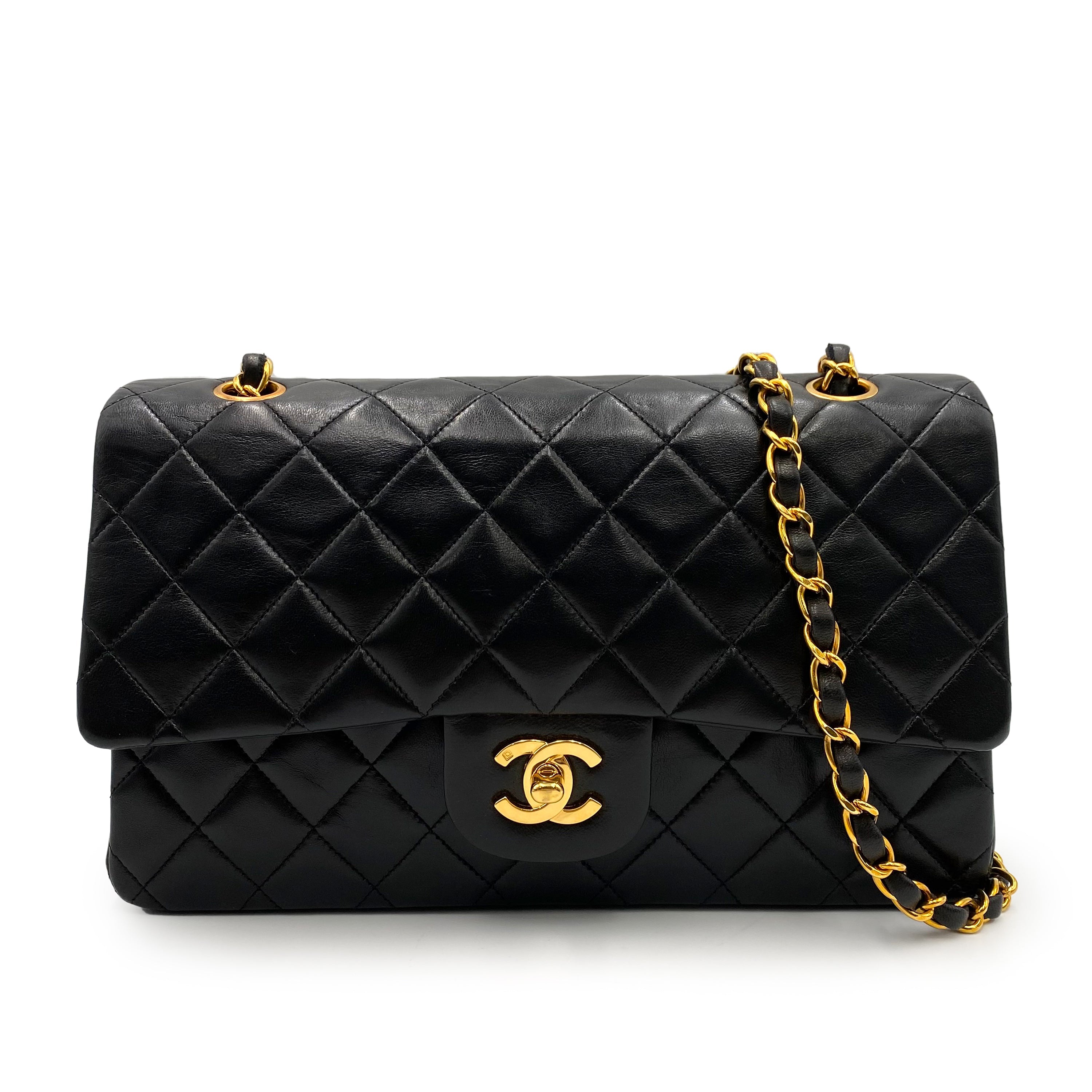 Luxury Promise Japan CHANEL VINTAGE CLASSIC FLAP MEDIUM CHAIN SHOULDER BAG BLACK LAMB SKIN 90239093