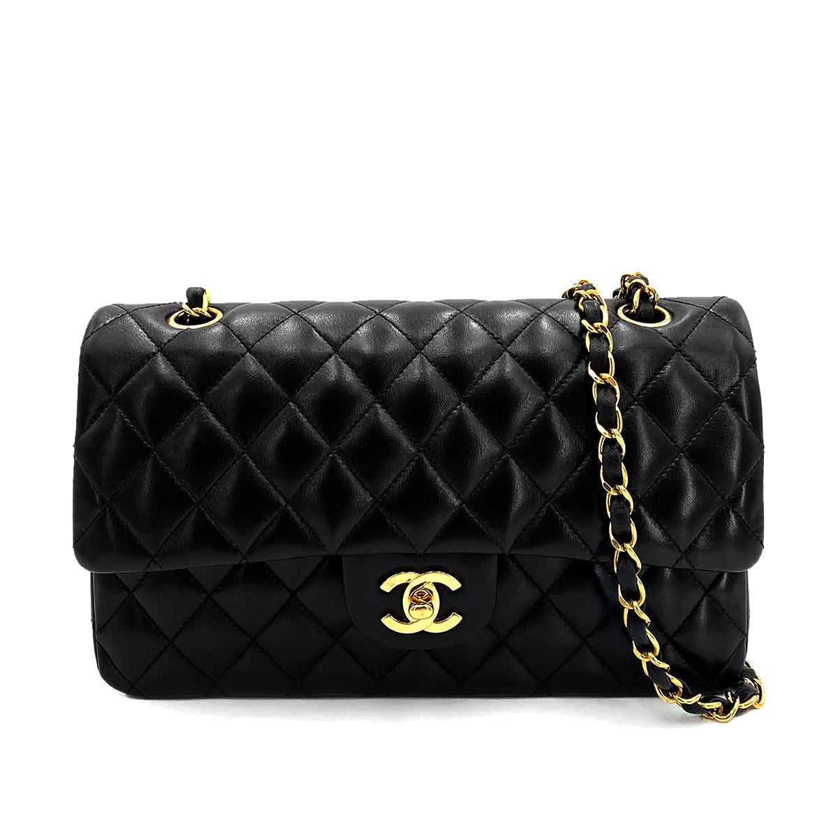 Luxury Promise Japan CHANEL VINTAGE CLASSIC FLAP MEDIUM CHAIN SHOULDER BAG BLACK LAMB SKIN 90241294