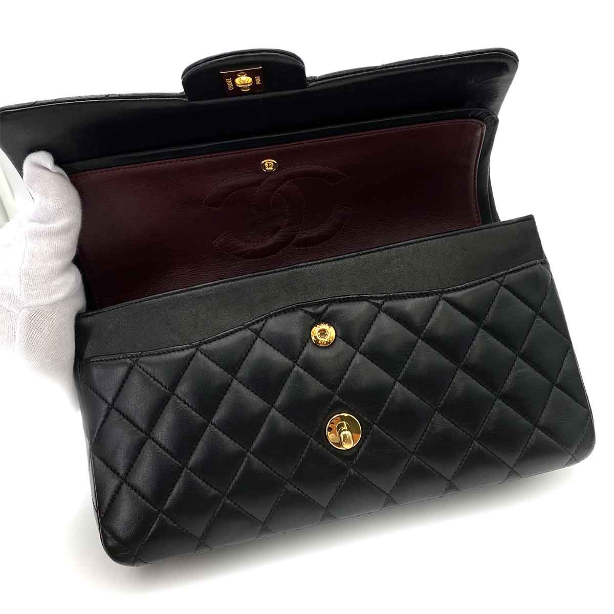 Luxury Promise Japan CHANEL VINTAGE CLASSIC FLAP MEDIUM CHAIN SHOULDER BAG BLACK LAMB SKIN 90241710