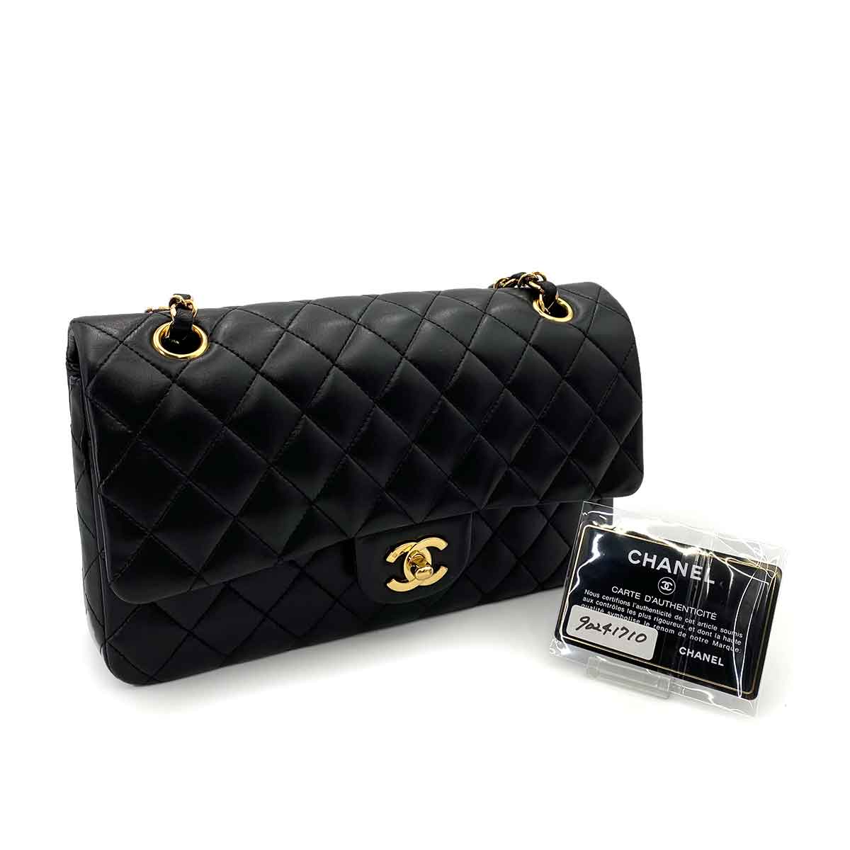 Luxury Promise Japan CHANEL VINTAGE CLASSIC FLAP MEDIUM CHAIN SHOULDER BAG BLACK LAMB SKIN 90241710