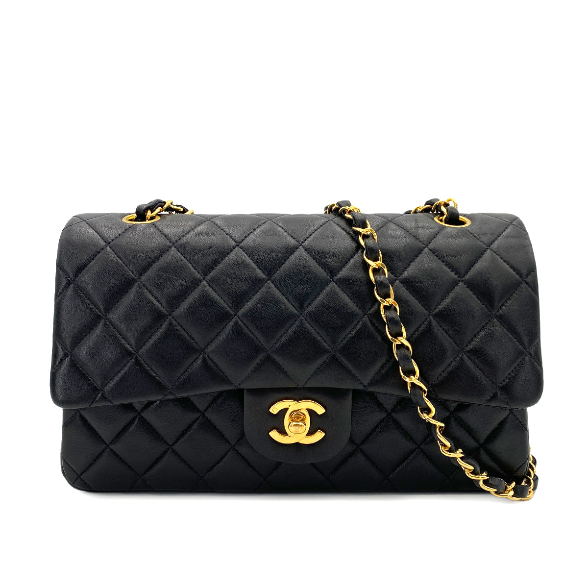 Luxury Promise Japan CHANEL VINTAGE CLASSIC FLAP MEDIUM CHAIN SHOULDER BAG BLACK LAMB SKIN 90243556