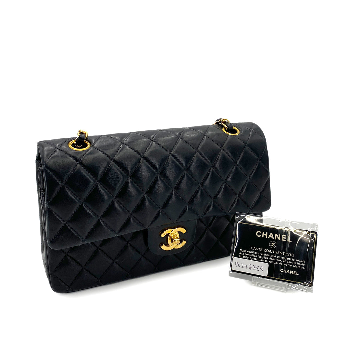 Luxury Promise Japan CHANEL VINTAGE CLASSIC FLAP MEDIUM CHAIN SHOULDER BAG BLACK LAMB SKIN 90248355