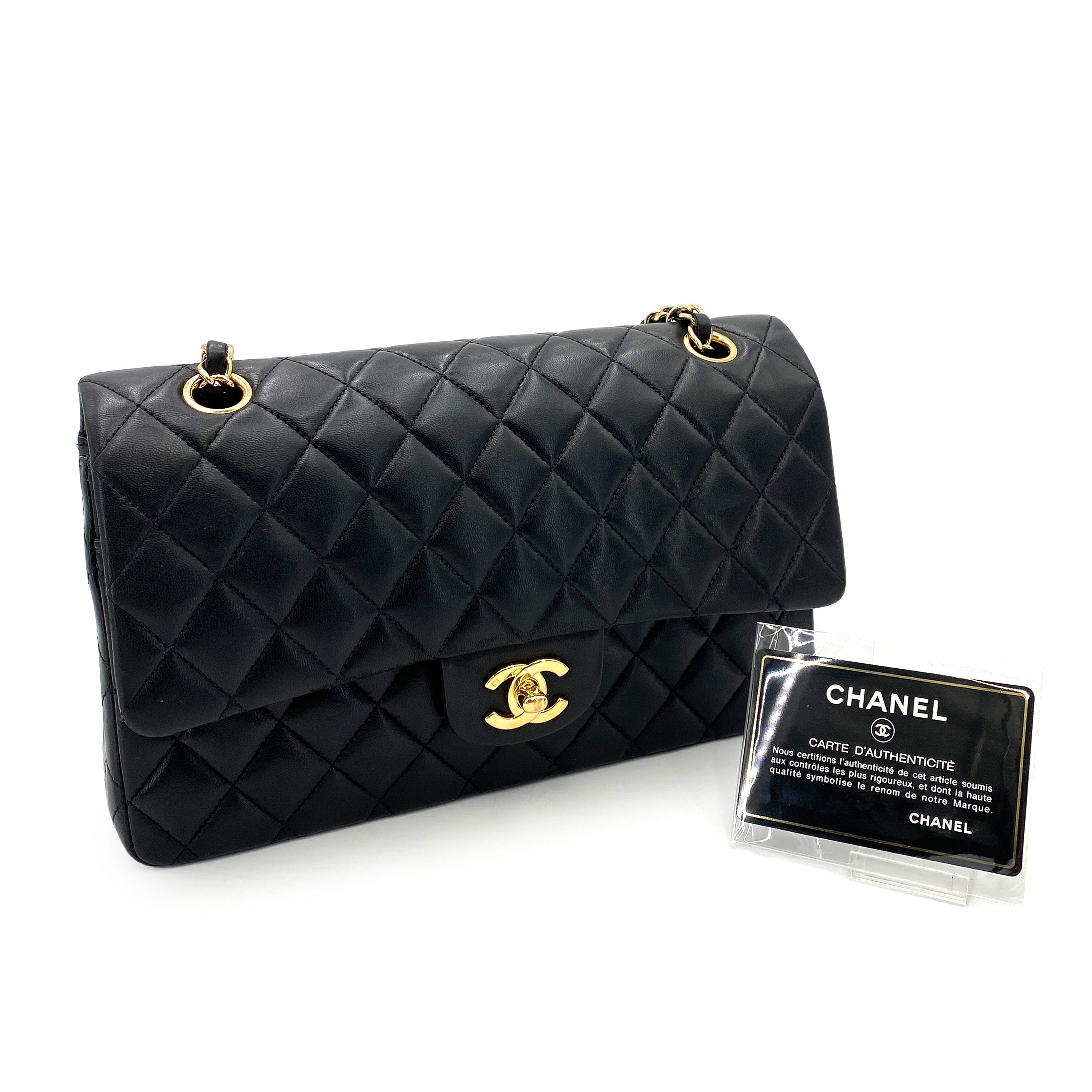 Luxury Promise Japan CHANEL VINTAGE CLASSIC FLAP MEDIUM CHAIN SHOULDER BAG BLACK LAMB SKIN 90250292