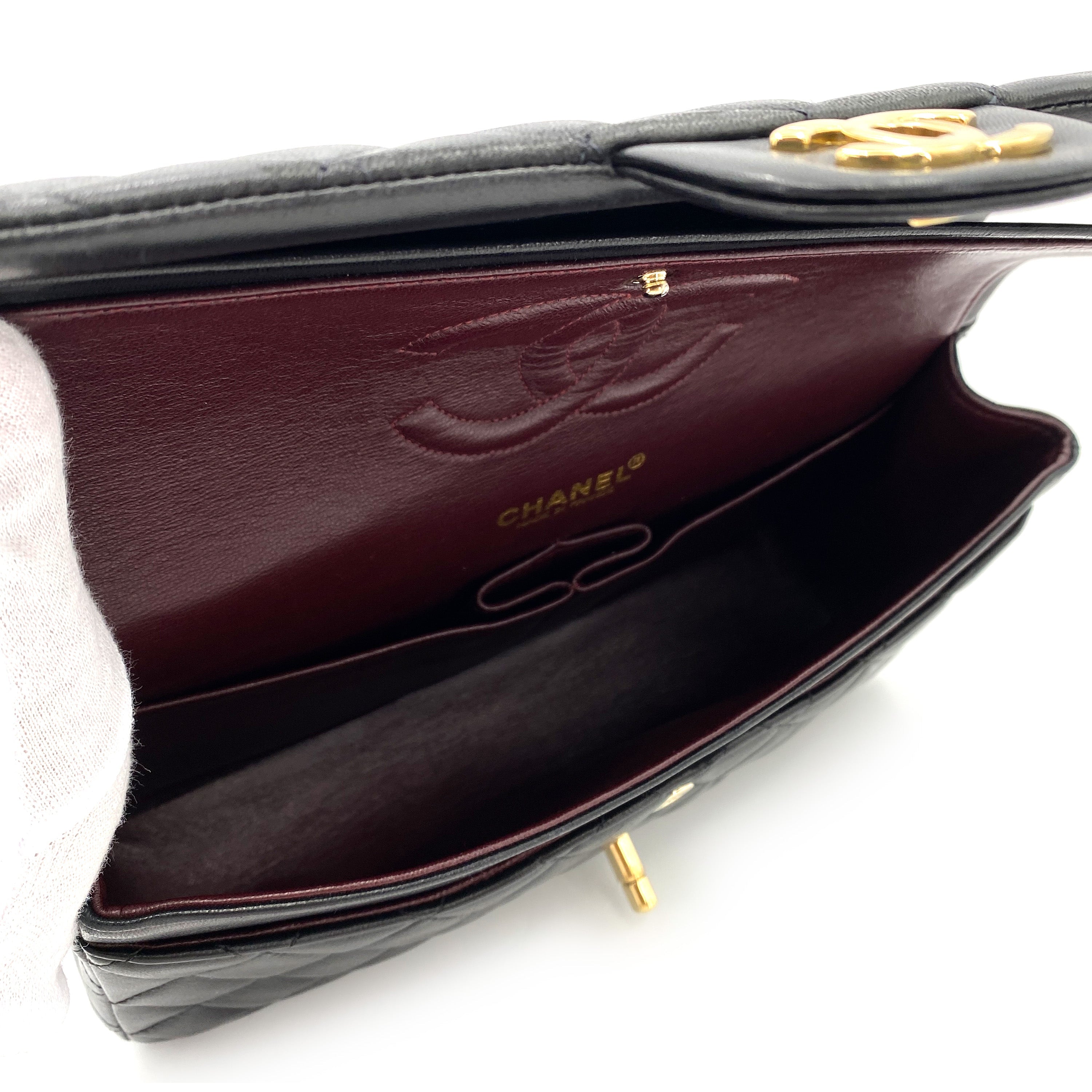 Luxury Promise Japan CHANEL VINTAGE CLASSIC FLAP MEDIUM CHAIN SHOULDER BAG BLACK LAMB SKIN 90250292