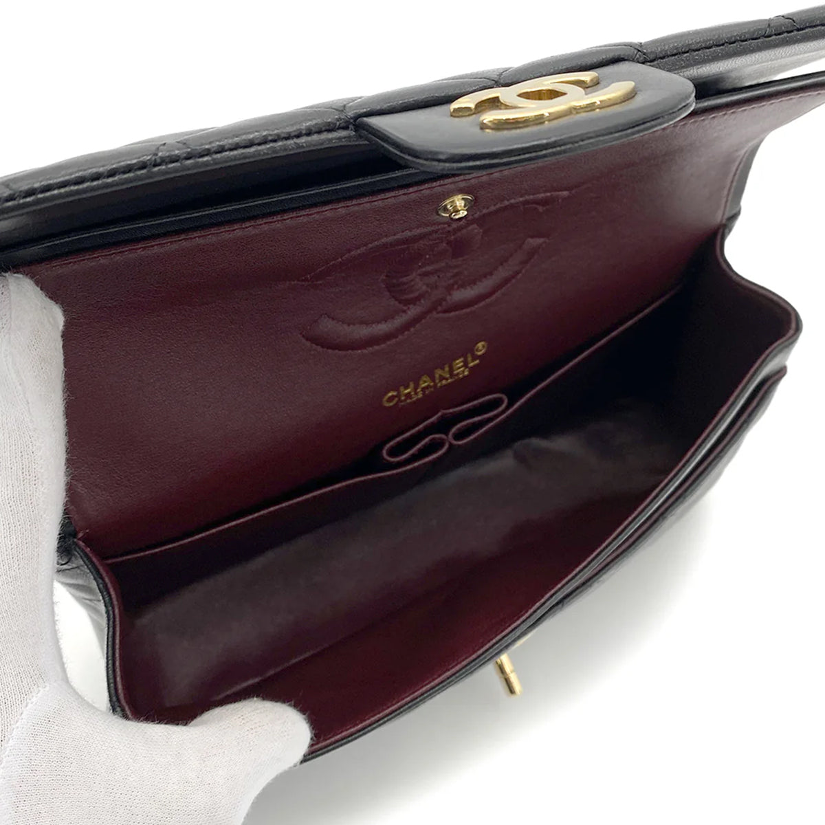 Luxury Promise Japan CHANEL VINTAGE CLASSIC FLAP MEDIUM CHAIN SHOULDER BAG BLACK LAMB SKIN 90256421