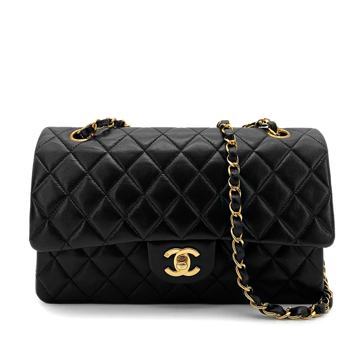 Luxury Promise Japan CHANEL VINTAGE CLASSIC FLAP MEDIUM CHAIN SHOULDER BAG BLACK LAMB SKIN 90256421