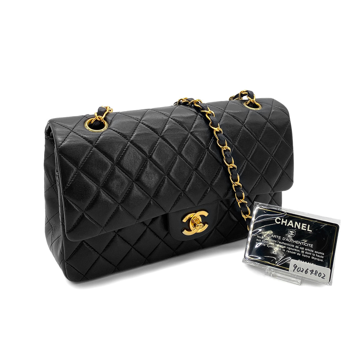 Luxury Promise Japan CHANEL VINTAGE CLASSIC FLAP MEDIUM CHAIN SHOULDER BAG BLACK LAMB SKIN 90264802