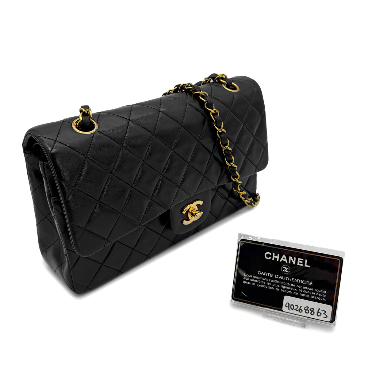 Luxury Promise Japan CHANEL VINTAGE CLASSIC FLAP MEDIUM CHAIN SHOULDER BAG BLACK LAMB SKIN 90268863