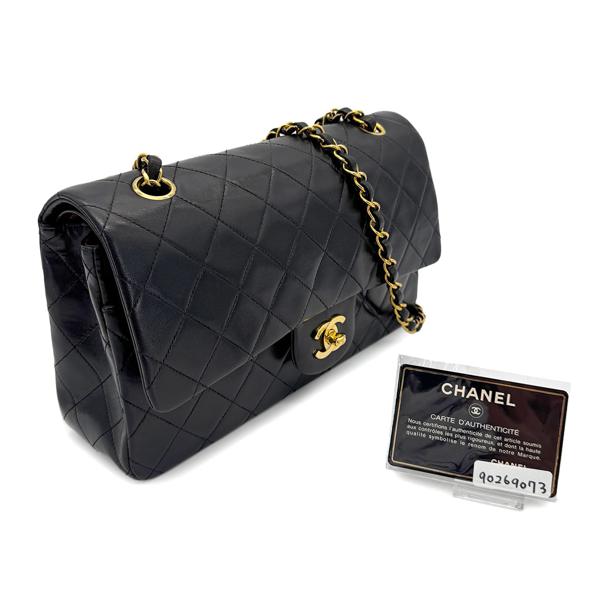 Luxury Promise Japan CHANEL VINTAGE CLASSIC FLAP MEDIUM CHAIN SHOULDER BAG BLACK LAMB SKIN 90269073