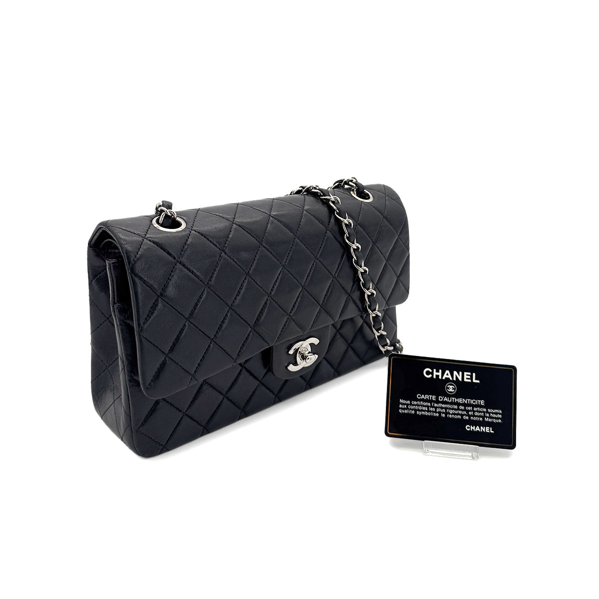 Luxury Promise Japan CHANEL VINTAGE CLASSIC FLAP MEDIUM CHAIN SHOULDER BAG BLACK LAMB SKIN 90288496
