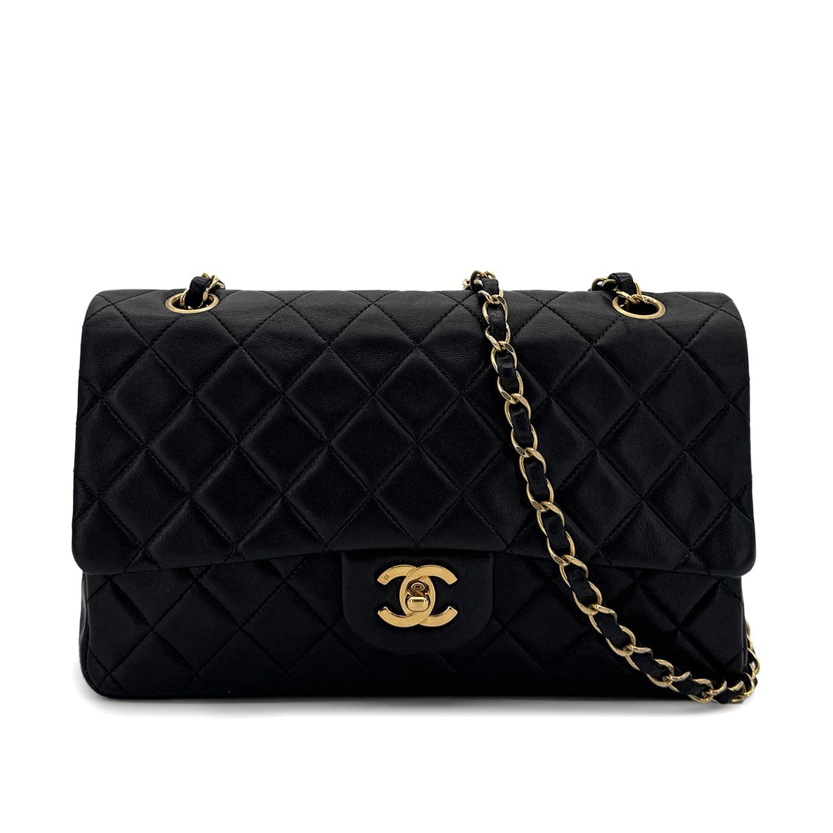 Luxury Promise Japan CHANEL VINTAGE CLASSIC FLAP MEDIUM CHAIN SHOULDER BAG BLACK LAMB SKIN 90298166