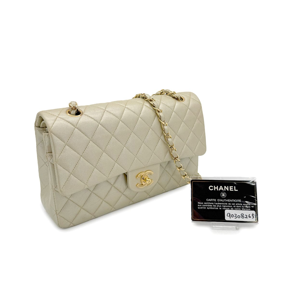 Luxury Promise Japan CHANEL VINTAGE CLASSIC FLAP MEDIUM CHAIN SHOULDER BAG CHAMPAGNE GOLD LAMB SKIN 90308265