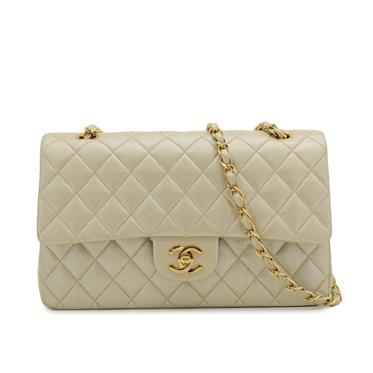 Luxury Promise Japan CHANEL VINTAGE CLASSIC FLAP MEDIUM CHAIN SHOULDER BAG CHAMPAGNE GOLD LAMB SKIN 90308265