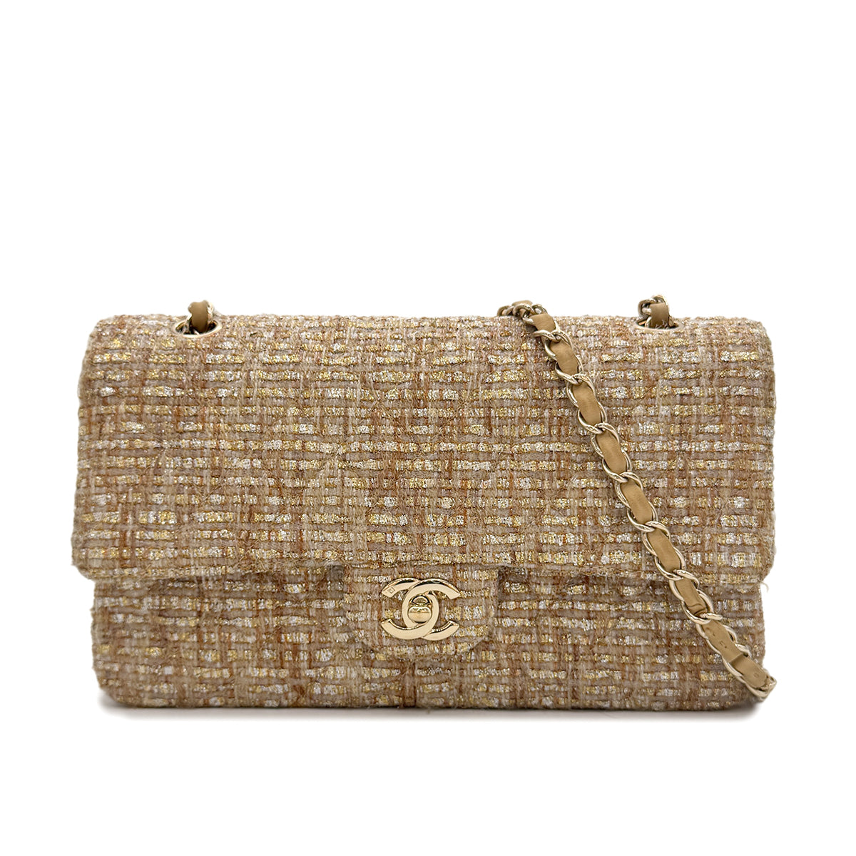 Luxury Promise Japan CHANEL VINTAGE CLASSIC FLAP MEDIUM CHAIN SHOULDER BAG GOLD TWEED 90302900