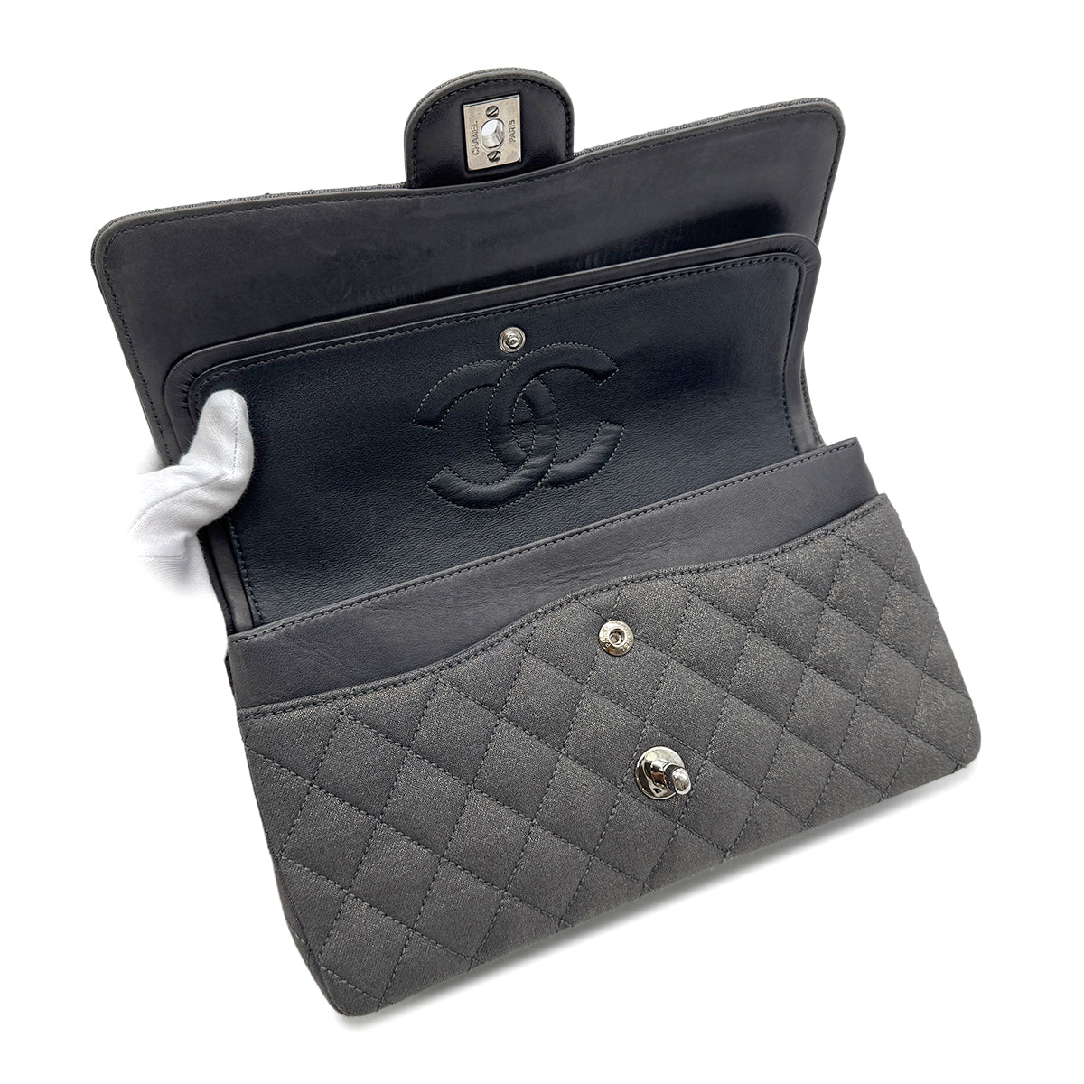 Luxury Promise Japan CHANEL VINTAGE CLASSIC FLAP MEDIUM CHAIN SHOULDER BAG GRAY CANVAS 90302647
