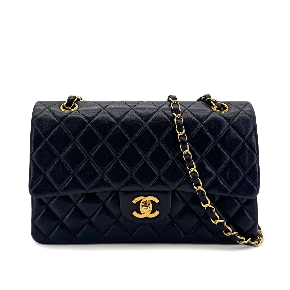 Luxury Promise Japan CHANEL VINTAGE CLASSIC FLAP MEDIUM CHAIN SHOULDER BAG NAVY LAMB SKIN 90289071