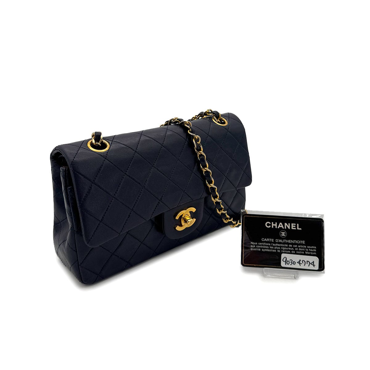 Luxury Promise Japan CHANEL VINTAGE CLASSIC FLAP SMALL CHAIN SHOULDER BAG NAVY LAMB SKIN 90304774
