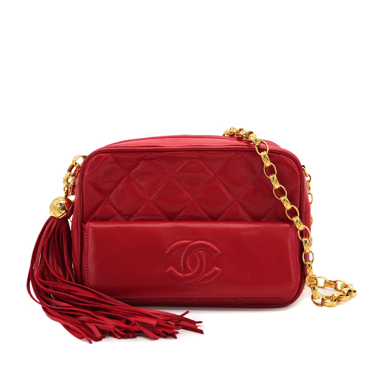 Luxury Promise Japan CHANEL VINTAGE COCO BALL MATELASSE BIJOU CHAIN SHOULDER BAG FRINGE RED LAMB SKIN 90310344
