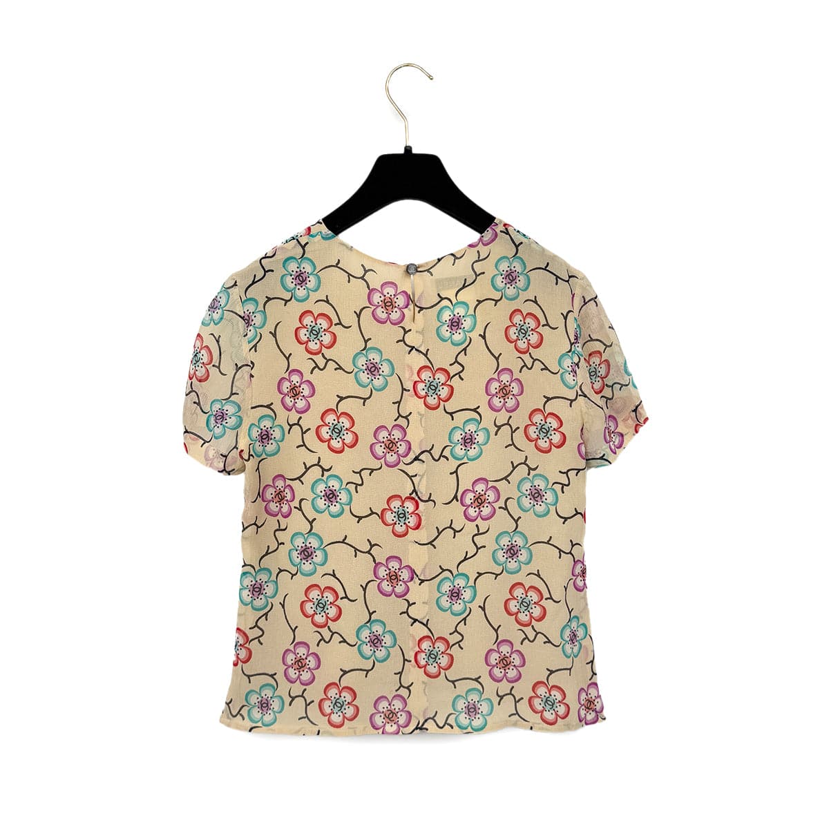 Luxury Promise Japan CHANEL VINTAGE COCO BUTTON CAMELLIA HALF SLEEVE TOPS BEIGE SILK 38 01S RTW 90286894