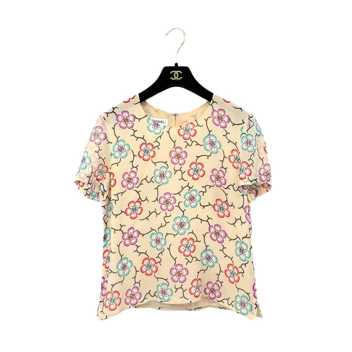 Luxury Promise Japan CHANEL VINTAGE COCO BUTTON CAMELLIA HALF SLEEVE TOPS BEIGE SILK 38 01S RTW 90286894