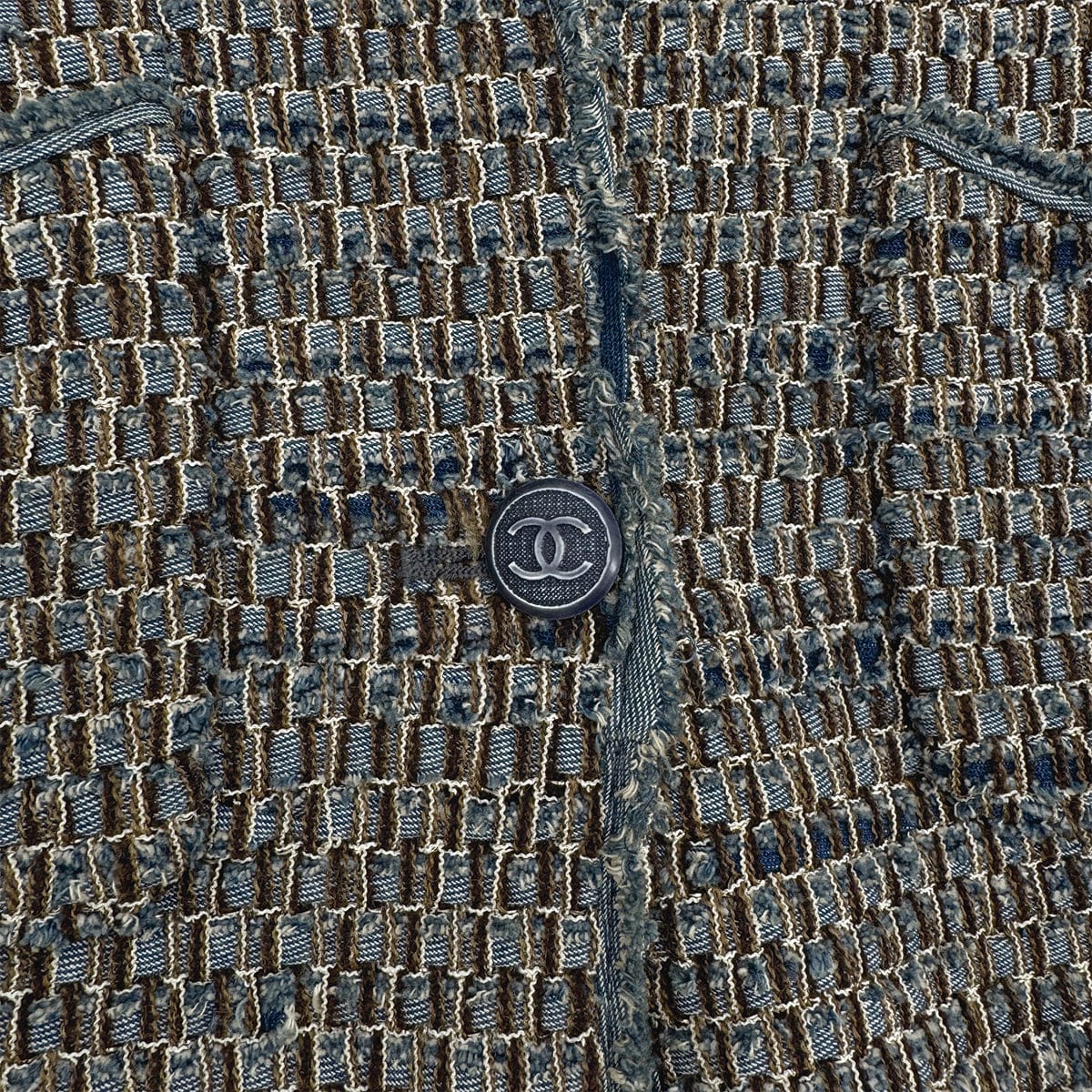 Luxury Promise Japan CHANEL VINTAGE COCO BUTTON DENIM TWEED JACKET BLUE GRAY COTTON 38 03P RTW 90313368