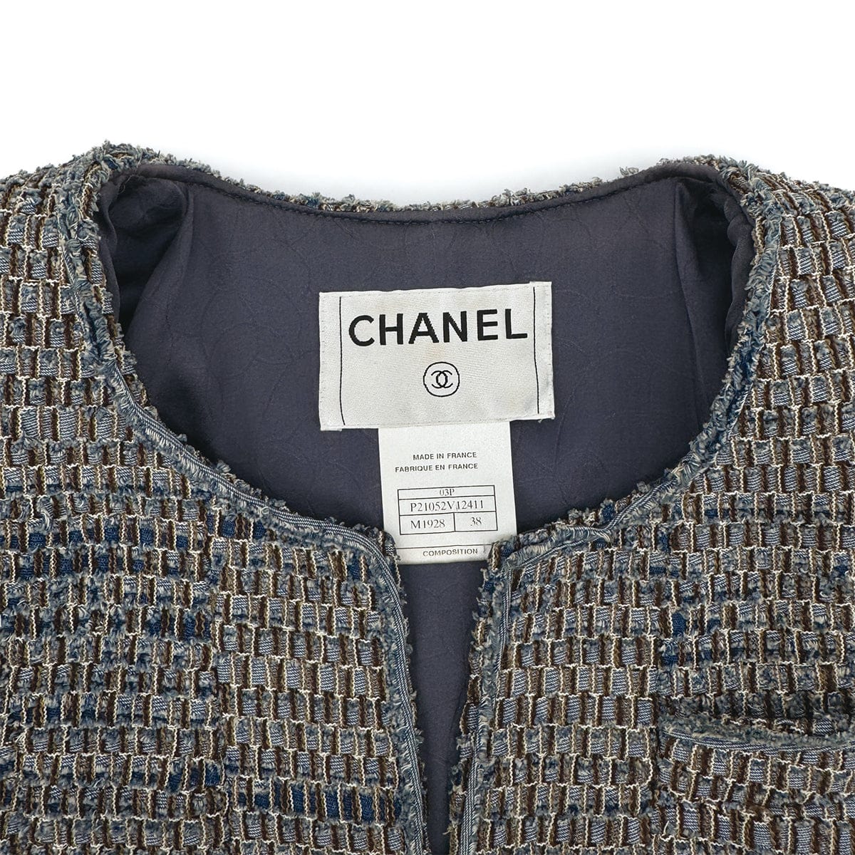 Luxury Promise Japan CHANEL VINTAGE COCO BUTTON DENIM TWEED JACKET BLUE GRAY COTTON 38 03P RTW 90313368