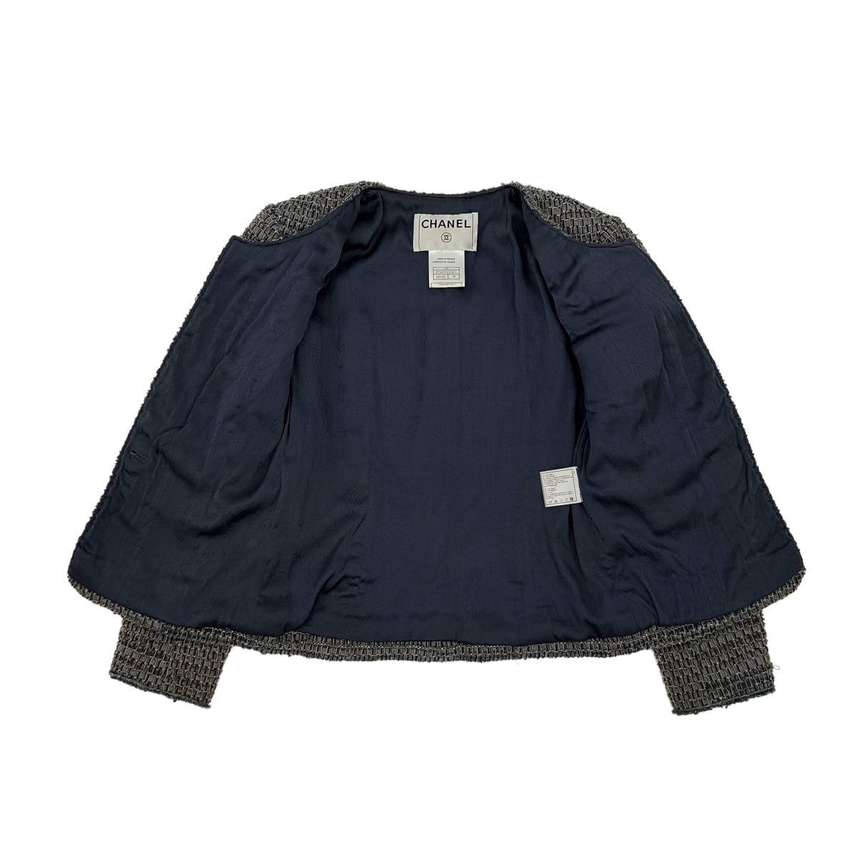 Luxury Promise Japan CHANEL VINTAGE COCO BUTTON DENIM TWEED JACKET BLUE GRAY COTTON 38 03P RTW 90313368