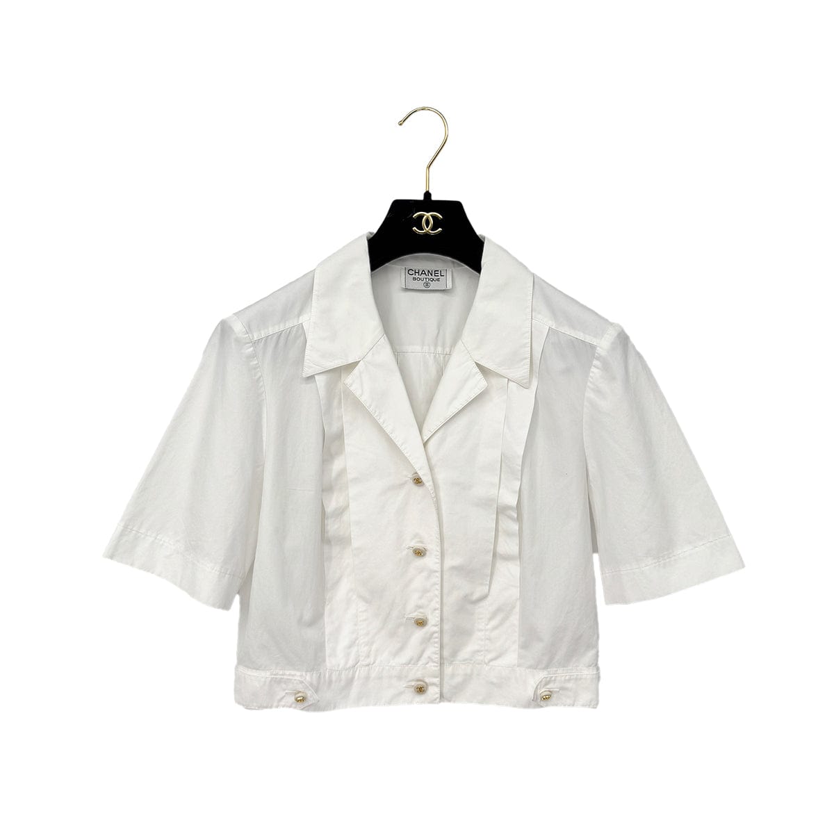 Luxury Promise Japan CHANEL VINTAGE COCO BUTTON FRONT SHORT SLEEVE BLOUSE WHITE GOLD COTTON RTW 90286880