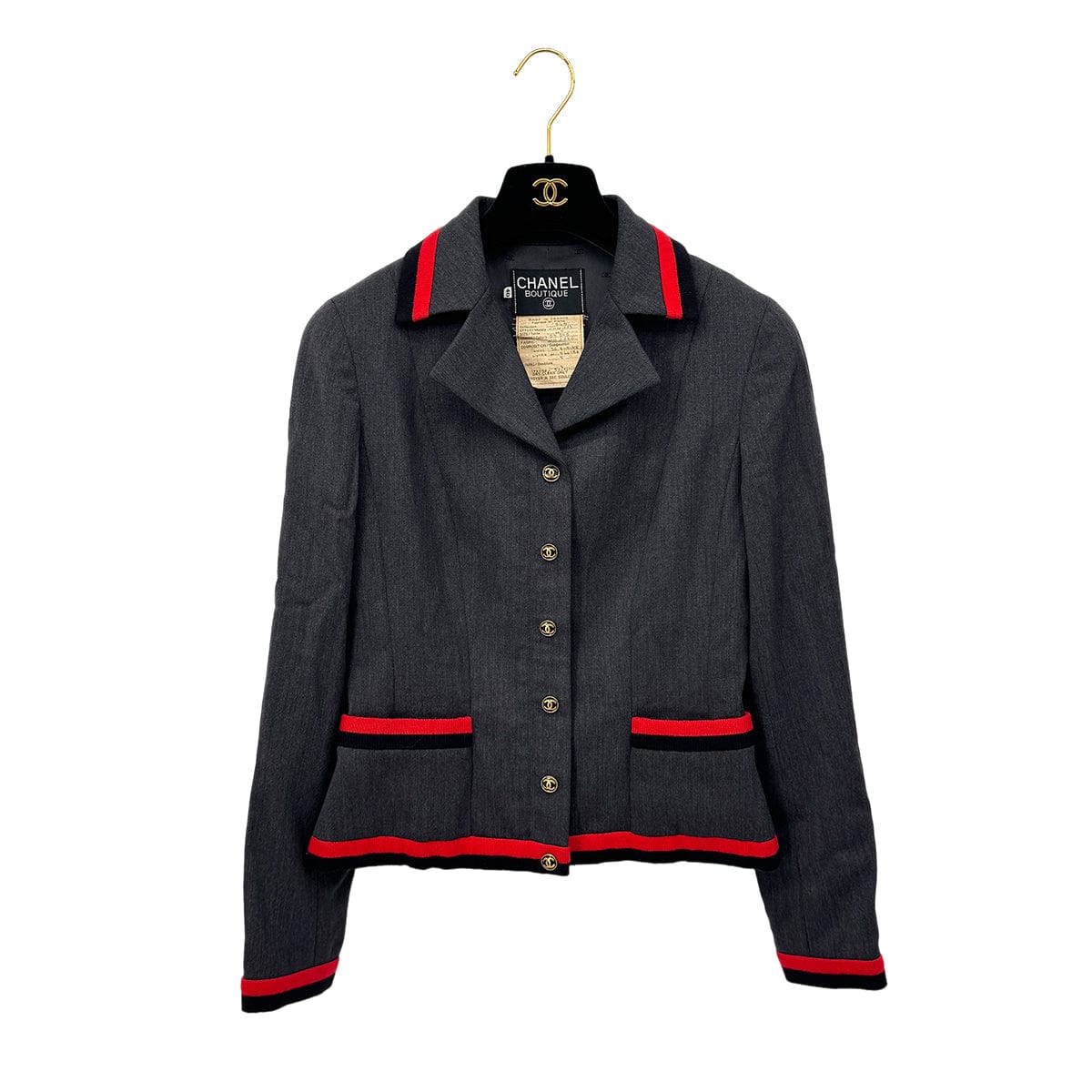 Luxury Promise Japan CHANEL VINTAGE COCO BUTTON JACKET SKIRT SET GRAY RED WOOL 40 94A RTW 90283647