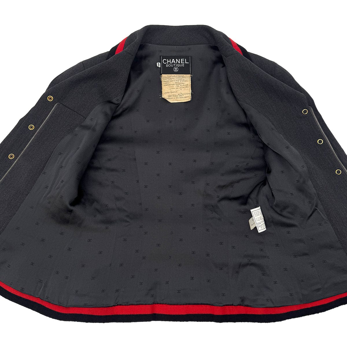 Luxury Promise Japan CHANEL VINTAGE COCO BUTTON JACKET SKIRT SET GRAY RED WOOL 40 94A RTW 90283647