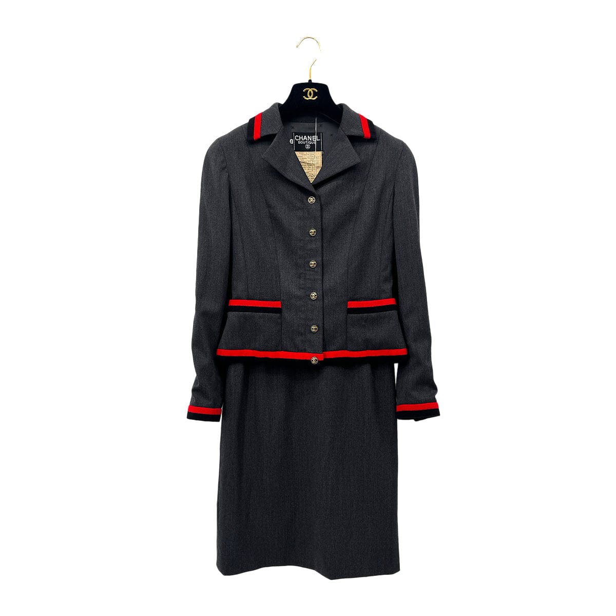 Luxury Promise Japan CHANEL VINTAGE COCO BUTTON JACKET SKIRT SET GRAY RED WOOL 40 94A RTW 90283647