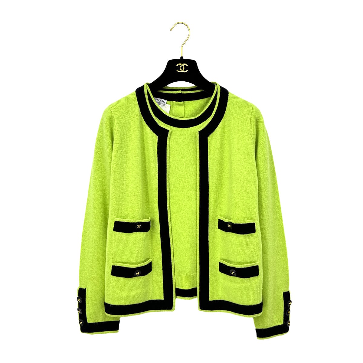 Luxury Promise Japan CHANEL VINTAGE COCO BUTTON KNIT TOPS CARDIGAN SET YELLOW BLACK CASHMERE 42 P04 RTW 90283633