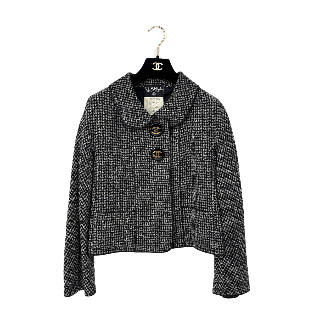 Luxury Promise Japan CHANEL VINTAGE COCO BUTTON TWEED JACKET BLACK GRAY RAYON 38 RTW 90303323