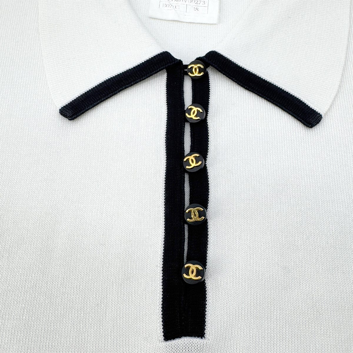Luxury Promise Japan CHANEL VINTAGE COCOBUTTON BICOLOR POLO SHIRT WHITE BLACK COTTON 38 96C RTW 90290210