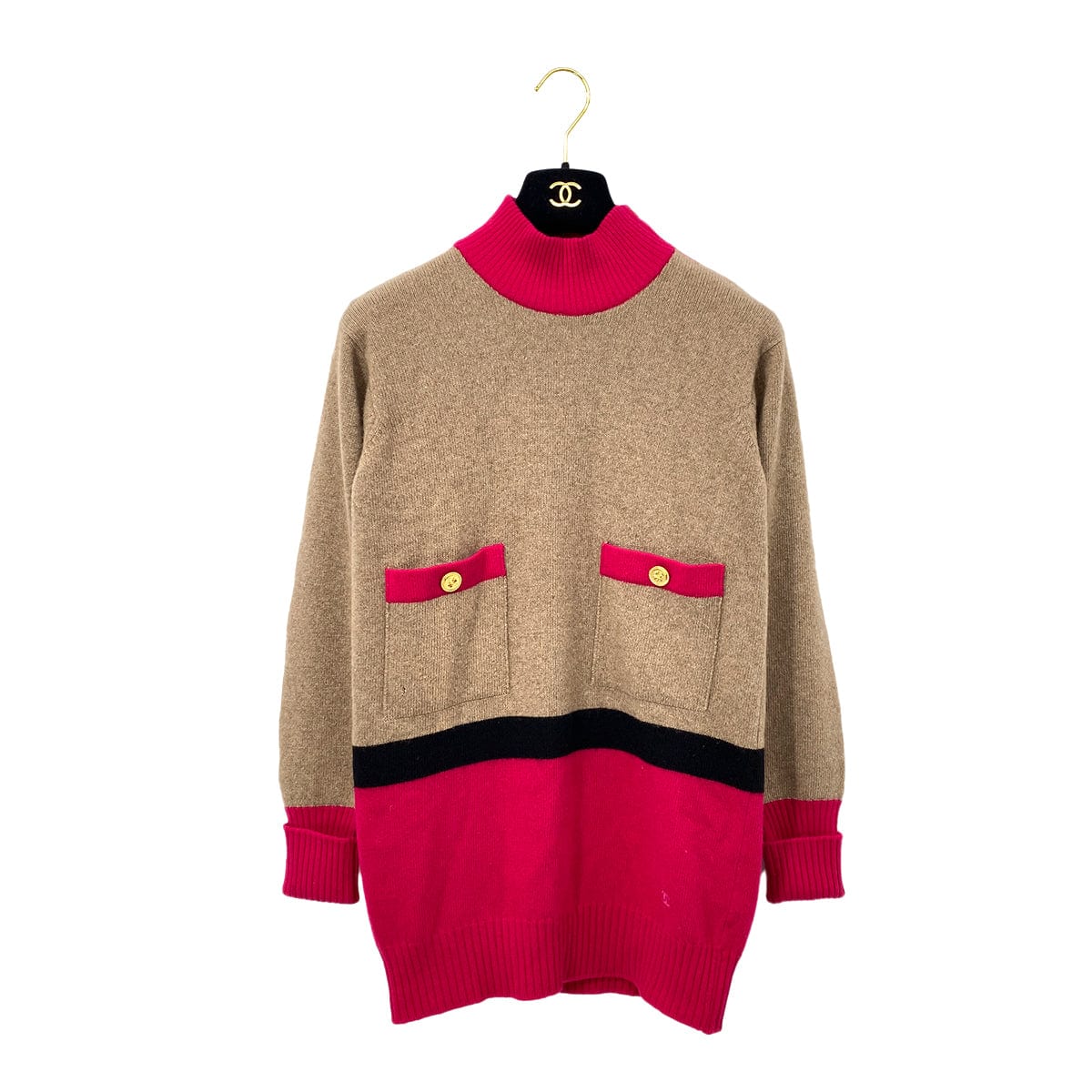 Luxury Promise Japan CHANEL VINTAGE COCOMARK COLOR BLOCK KNIT GOLD BOTTON BEIGE PINK RTW 90283646