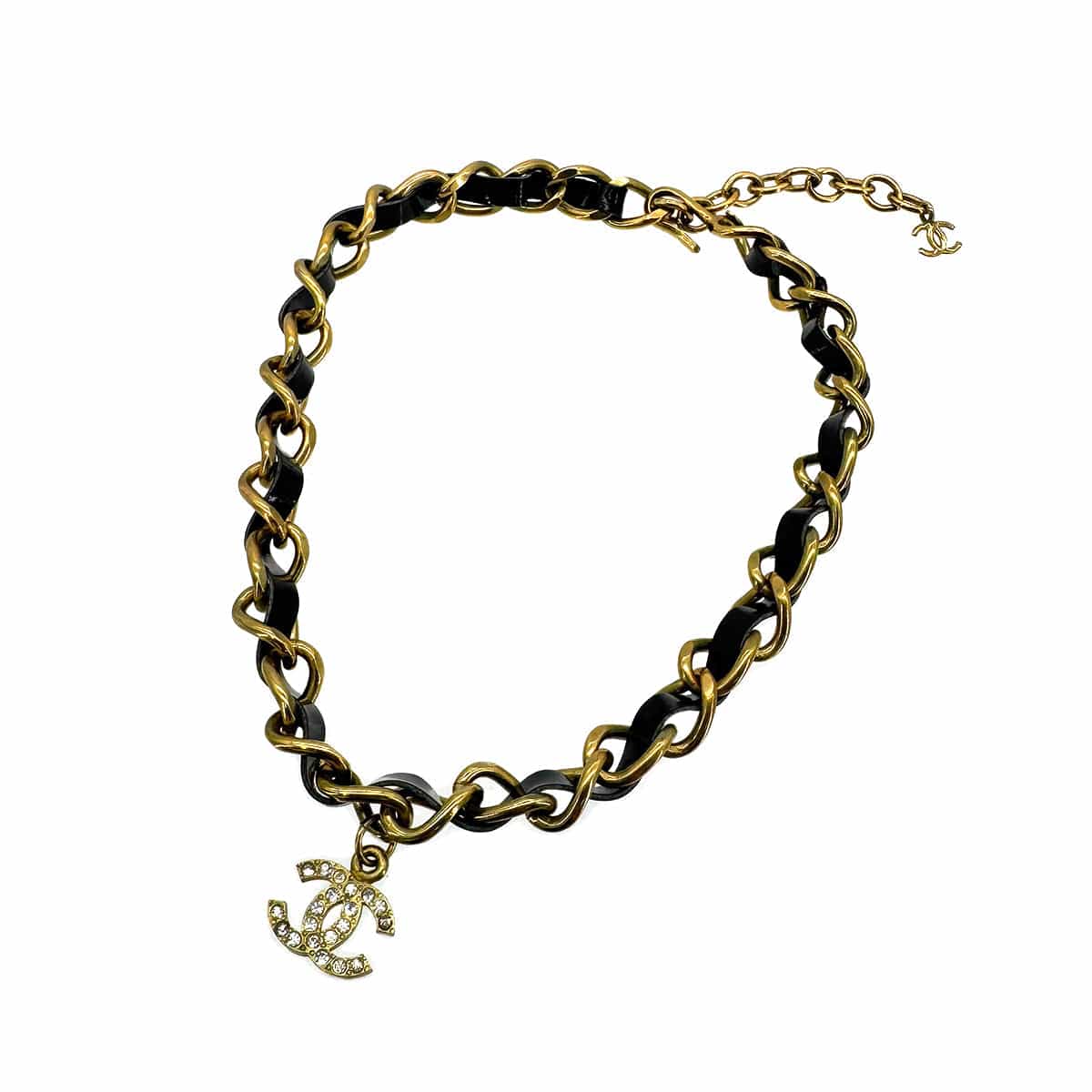 Luxury Promise Japan CHANEL VINTAGE COCOMARK RHINESTONE CHAIN NECKLACE LEATHER ACCESSORY 95P 90290304