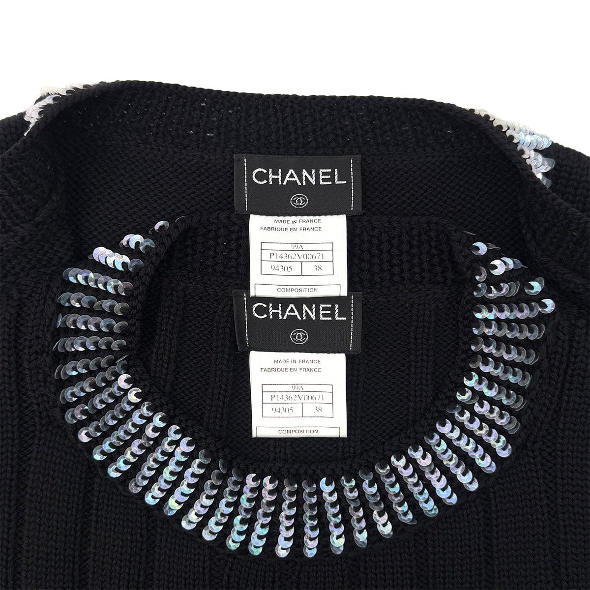 Luxury Promise Japan CHANEL VINTAGE COCOMARK TWIN KNIT SEQUINS CARDIGAN SLEEVELESS TOPS BLACK WOOL 38 99A RTW 90286925