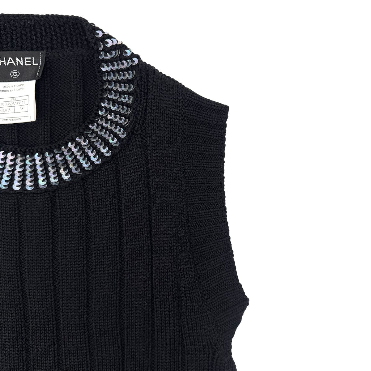 Luxury Promise Japan CHANEL VINTAGE COCOMARK TWIN KNIT SEQUINS CARDIGAN SLEEVELESS TOPS BLACK WOOL 38 99A RTW 90286925