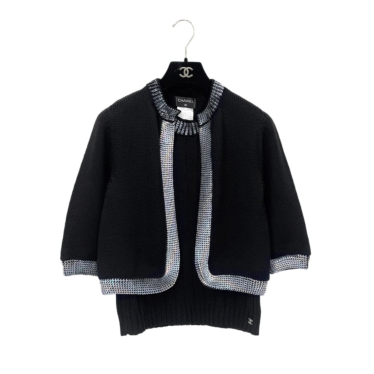 Luxury Promise Japan CHANEL VINTAGE COCOMARK TWIN KNIT SEQUINS CARDIGAN SLEEVELESS TOPS BLACK WOOL 38 99A RTW 90286925