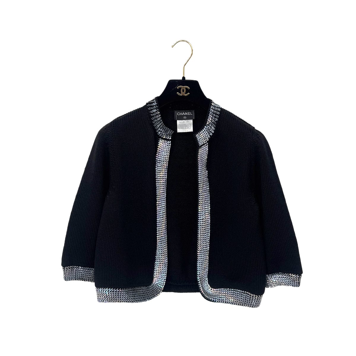 Luxury Promise Japan CHANEL VINTAGE COCOMARK TWIN KNIT SEQUINS CARDIGAN SLEEVELESS TOPS BLACK WOOL 38 99A RTW 90286925